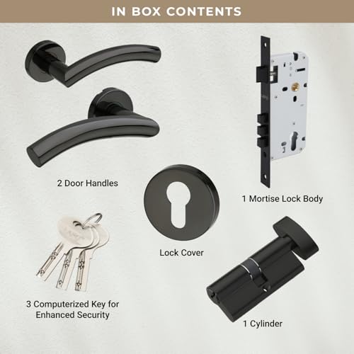 Image of LAPO Mortise Door Lock for Home Main Door & Bedroom with Handle | 50x85mm Body | Heavy-Duty 70mm Cylinder | 3 Brass Keys | Left-Right Fit 30-50mm Door Home Office Hotel | Black Finish | CMH-5T