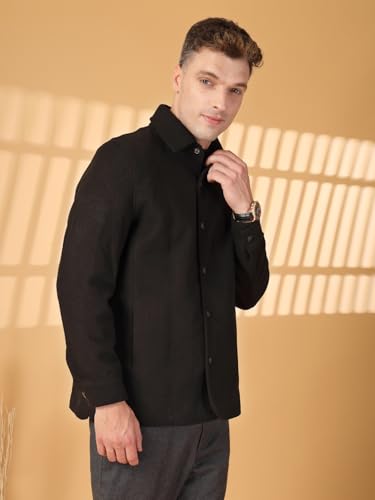 Image of CHKOKKO Men Tweed Modern Winter Coat Hip Length Single Breasted Overcoat With Spread Shirt Collar| Buttoned Cuffs And Front Side Pockets For Stylish Casual Or Formal Wear
