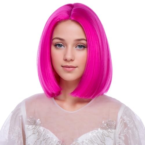 Image of Hot Pink Wig Neon Pink Wig Magenta Short Middle Part Wigs for Womens Synthetic Wigs for Daily Party Halloween Use