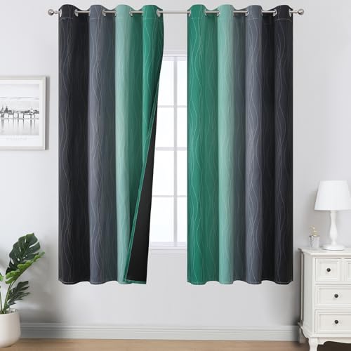 Image of Estelar Textiler Black and Green Blackout Ombre Curtains for Bedroom 63 Inches Long, Gradient Light Blocking Thermal Insulated Grommet Drapes for Living Room,52Wx63L,2 Panels