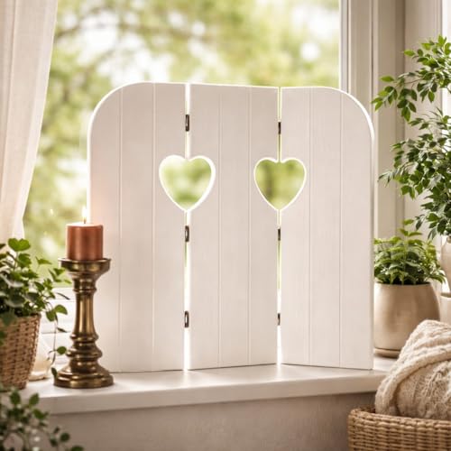 Kleiner Paravent Weiß Holz Landhausstil B/H ca. 60 x 60 cm Fensterdekoration & Sichtschutz Fenster Sichtschutz mit Herzausschnitt Wandschirm Trennwand Fenster Paravent Holland ausgefallene Fensterdeko