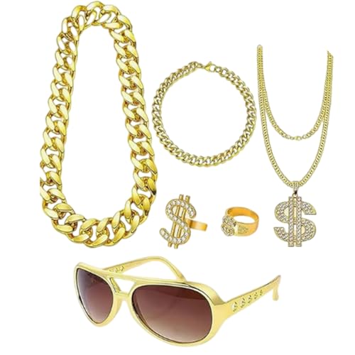 Limtula Juego único de 6 piezas de joyería punk de hip hop para gafas, collares y anillos, accesorios de hip hop para fiestas