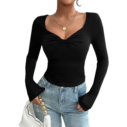 Women's Hollow Out Chest Crop Top - Sweetheart V-Neck Long Sleeve Shirt For Club, Streetwear, Aesthetic Outfits - View #3