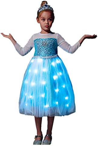 SHINYOU Girls Princess Dress Birthday Party Dress Up, LED Light Up Dress for Christmas Halloween, Cosplay (5~6Y, blue)