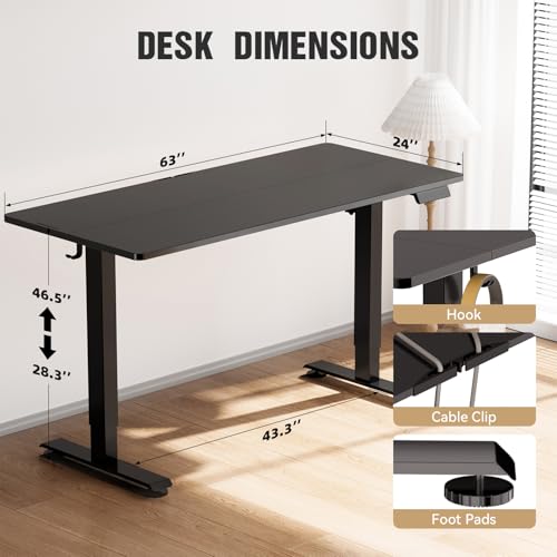 Image of Veken 63 Inch Electric Standing Desk, Adjustable Height Office Desk with Wood Desktop, Computer Table for Home Work, Study and Gaming, Small Spaces, Modern Furniture, Black