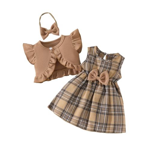 HEOXIN Conjunto de 2 peças para meninas pequenas vestido xadrez cardigã, vestido sem mangas com laço e riscas de princesa e casaco com mangas com folhos e diadema para 6 meses a 3 anos, castanho