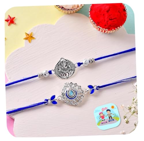 Image of CraftVatika Rakhi Gift for Brother, Silver Plated Rakhi Set of 2 for Bhaiya Boy Men, Ganesha Rakhis for Rakshabandhan with Best Wishes Card Tilakk Magnet Set