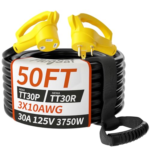 PlugSaf 50 FT 30 Amp RV Extension Cord Outdoor with Grip Handle, Flexible Heavy Duty 10/3 Gauge STW...