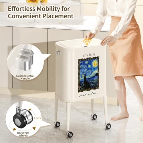 Image of MRBIN Metal Motion Sensor Kitchen Trash Can with Wheel Legs, 36L / 9.5gal Slim Waste Basket with Lid, Narrow Garbage Pail for Vanity, Living Room, Bathroom, Bedroom, Starry Night
