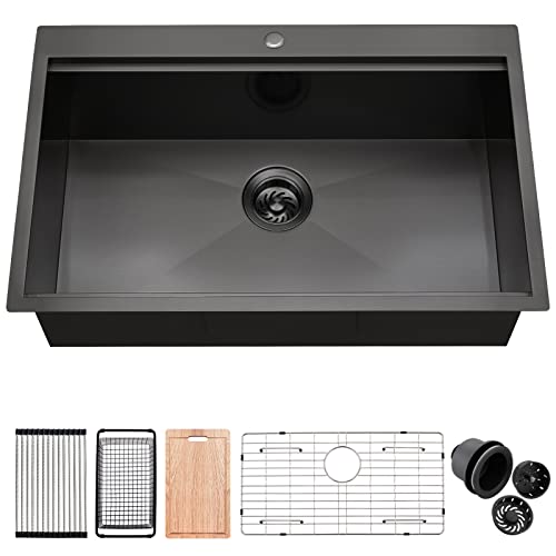 33 Drop In Black Workstation Kitchen Sink, Zdhht 16 Gauge 33 X 22 X 10 Inches Topmount Black 304 Stainless Steel Single Bowl Kitchen Sink #TOP7