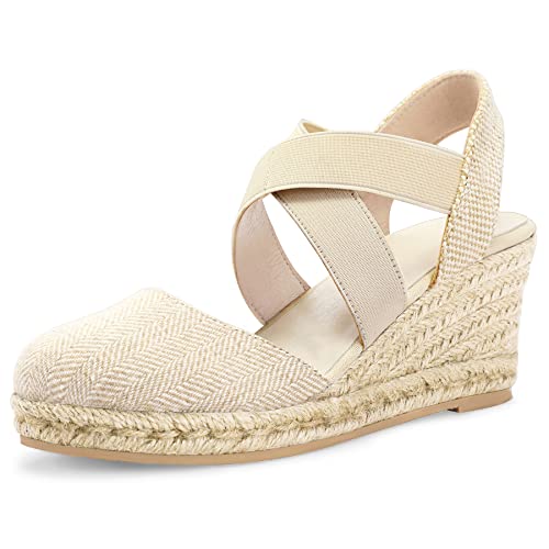 mysoft Women's Closed Toe Crisscross Elastic Ankle Strap Platform Espadrille Wedge Sandals