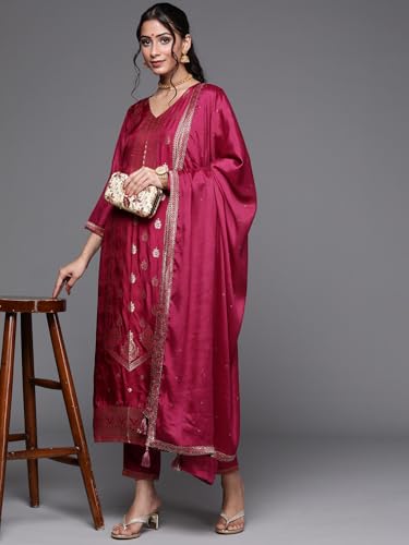 Image of Libas Womens Embellished Silk Blend Straight Kurta With Trousers and Dupatta