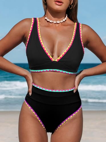 Image of Hilinker Women's Leopard Bikini Swimsuits V Neck High Waisted 2 Piece Bathing Suits