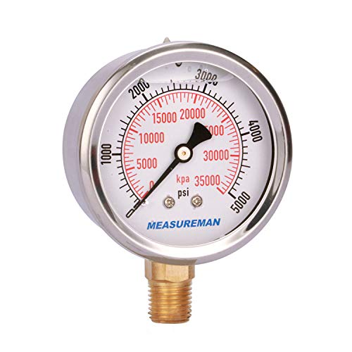 Measureman 2-1/2Inch Dial Size, Liquid Filled Hydraulic Pressure Gauge, 0-5000Psi/Kpa, 304 Stainless Steel Case, 1/4Inchnpt Lower Mount #TOP1