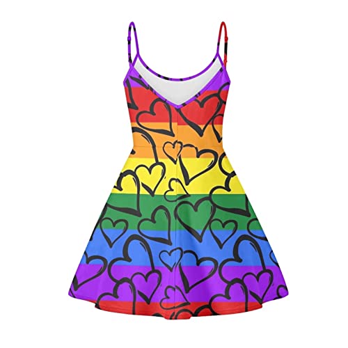 Belidome Rainbow Dress Women Lgbtq Love Heart Print Spaghetti Strap A-Line Summer Sexy Beach Cover Up Gay Pride Sundresses For Travel Lounge Wear Plus Size #TOP2