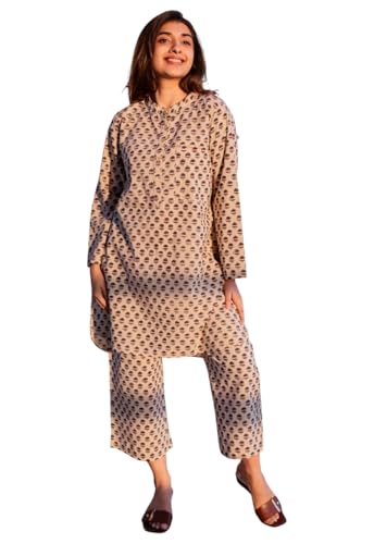 Kurta imprimé viscose femme beige LookMark avec son pantalon crème XL