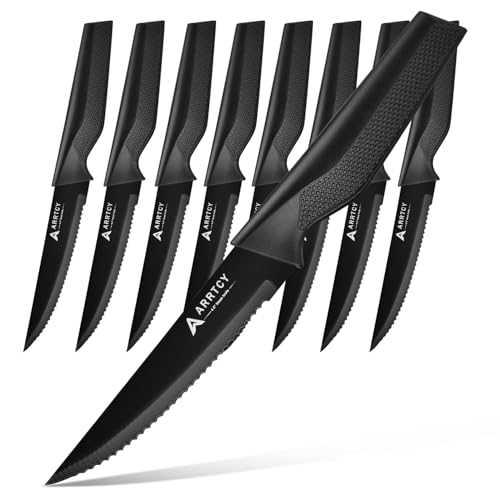 Arrtcy Steak Knives Set of 8-4.5 Inch - German Stainless Steel Serrated Steak Knives - Ergonomic Anti-Slip Handles - Dishwasher Safe - Elegant Gift for Holidays - Black
