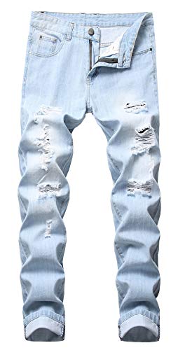 CLOTPUS Men s Slim Fit Ripped Stretch Jeans Destroyed Skinny Pants with Holes Light Blue W38