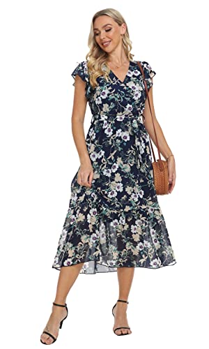 Image of VintageClothing Womens Sundress Casual Floral Summer Boho Dress | Flowy Wrap V Neck Ruffle A-Line Pleated Hem Midi Dresses