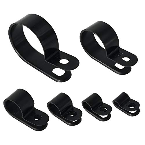 Alamic Cable Clamp 200 Pcs Black Nylon Screws Plastic R-Type Cable Clamp Clips Fasteners Assortment for Cable Conduit 6 Sizes 3/16" to 1"