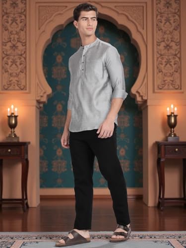 Image of KRYPTIC Men's Full Sleeve Regular Fit Short Kurta in Premium Pure Cotton with Patch Pocket and Mandarin Collar - Perfect Blend of Style and Comfort
