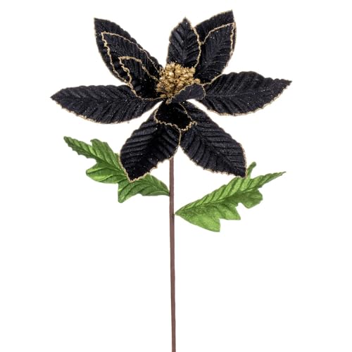 22 in. Velvet Glitter Trim Poinsettia Spray Black - 6 per Bag