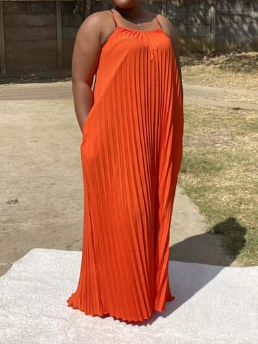 Image of Women's Summer Casual V Neck Sleeveless Strappy Pleated Flowy Loose Maxi Long Beach Dress