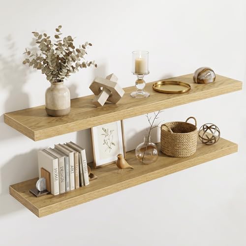 Image of Acovy 10 inch Extra Deep Floating Shelves for Wall, 48 inch Long Wood Wall Shelves Set of 2 for Bathroom Bedroom Kitchen Living Room Laundry Room, Modern Floating Shelf for Home Decor