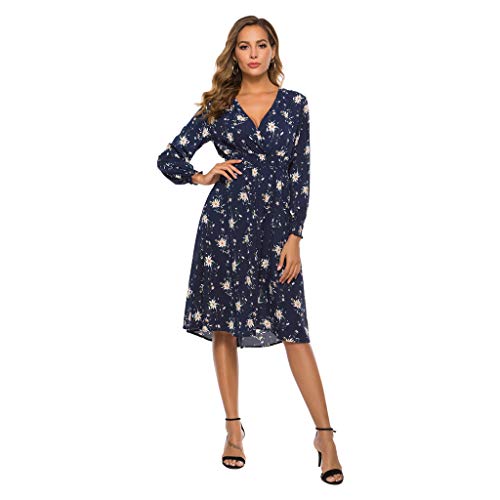 Pengzitou Women's Long Sleeve V Neck Dress Flowy Party Wedding Dress