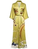 PRODESIGN Long Kimono Robe Satin Sleepwear Phoenix Handprinted Silky Nightgown Bathrobe Blouse Cardigan for Women