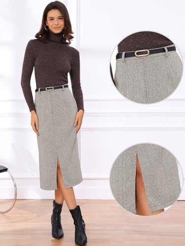 Allegra K Midi Pencil Skirt for Women Fall Winter High Waisted Slit Office Work Skirts with Belt2