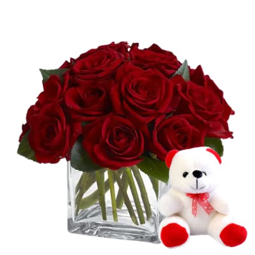 Floralbay Teddy Day Special Fresh Flowers Glass Vase, Arrangement of Bunch of 12 Red Roses With 6 Inch Teddy Bear
