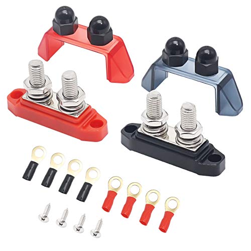 Recoil S2P-38 Busbar Dual 3/8” Studs Terminal Power Distribution Block With Ring Terminals Pair Red & Black #TOP14