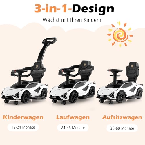 COSTWAY 3-in-1 Lamborghini Rutschauto, Schiebauto mit Scheinwerfern & Musik & Stauraum, Rutschfahrzeug mit abnehmbaren Schiebegriff & Universalrädern, Rutscher Auto für Kinder ab 1 Jahr (Weiß) – Bild 4