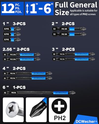 Dcwecher 1INCH- 6 INCH 12-PCS PH2 12-Pack 2 Phillips Bits, Professional Cnc Anti-Slip Phillips Impact Driver Bits #2, 1 In To 6 In Long Screwdriver Bits, Phillips Head Drill Bits S2 Alloy Steel thumb #4