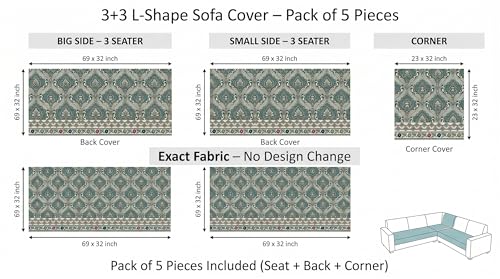 Image of Luxury Sofa Cover L Shape 6 Seater with Matching Cushion Cover 16x16 inch - Emerald Paisley Royal 3+3 Seater (6 Seater) Quilted Sofa Cover Set Pack of 11, Washable, Emerald Teal