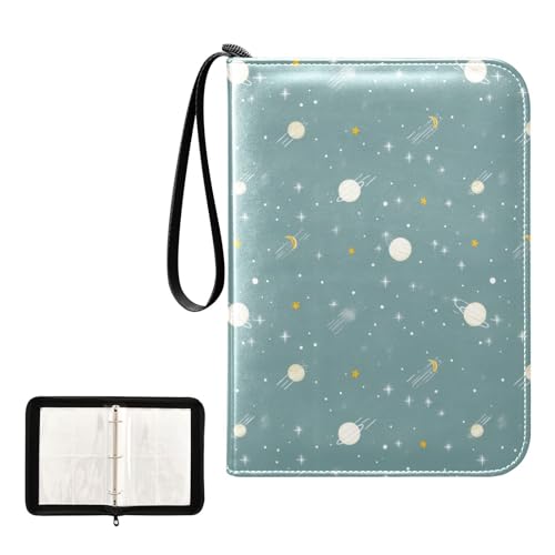 Pale Blue Planet Moon Star Print Card Binder 4 Pocket 3 Ring Zipper Trading Card Holder Fits 400 Cards with 50 Removable Sleeves Portable Collection Card Album Gift