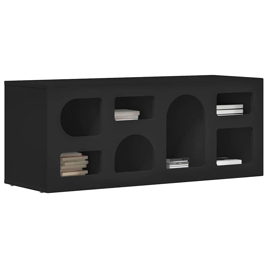 Mobile TV nero in legno con 7 ripiani, 100 x 35 x 40 cm, moderna credenza per soggiorno, con porta e cassetti