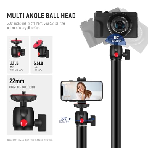 Image of NEEWER Camera Desk Mount with Holder & 360 Ball Head, 17 inch-40 inch /43-102cm Telescopic C Clamp Table Light Stand 1 /4 inch Screw, Desktop Stand 6.6lb /3kg Max Load for DSLR Camera, Webcam, Ring Light,TL283 | Telescopic C Clamp Table Light Stand 1 /4 inch Screw, Desktop Stand 6.6lb /3kg Max Load for DSLR Camera, Webcam, Ring Light, TL283