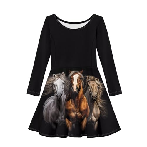 Little Girls Long Sleeve Dress Princess Dress Swing Skater Twirl Midi Dress Knee-Length Pleat Dress 3-16 Year