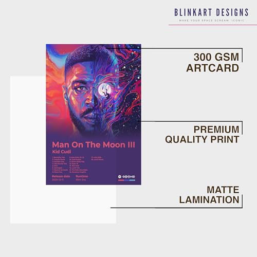 Image of BLINKART KidCudi - Man On The Moon III Wall Photo Frames | Wall Art for Bedroom, Living Room, Studio or Office | Album Cover Print with Spotify Song Link QR Code | Gift for Fans - 8x12 In