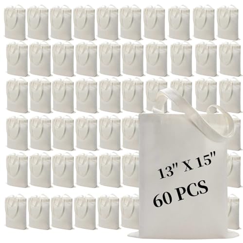 60 Pack Sublimation Tote Bags Blank Canvas Reusable Polyester Grocery Bags for Heat Transfer Vinyl DIY Crafting White, 13x15 Inch