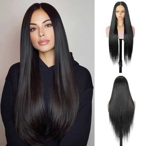 Image of Creamily 5x5 Straight Lace Front Wigs Wear and Go Glueless Wigs Pre Plucked Pre Cut Long Black Wig HD Lace Closure Wig 31 Inches Synthetic Hair Wig