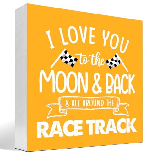 I Love You To The Moon And Back And All Around The Race Track Wood Box Sign Desk Decor,Farmhouse Racing Checkered Flags Box Block Sign for Home Boys Room Shelf Table Decor Bright Yellow