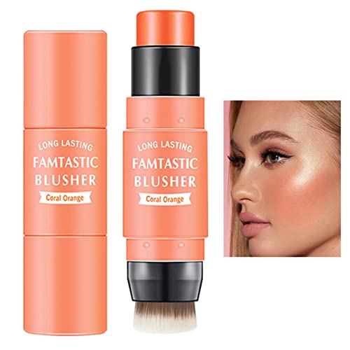 Cream Blush Stick with Brush,Waterproof Multi Cream Blush Stick Makeup,Lightweight,Long-lasting,Easy To Use,2 in 1 Multi Stick Blush for Cheeks & Lip Tint & Eyeshadow Makeup,Suitable for All Skin(#03 Coral Orange)