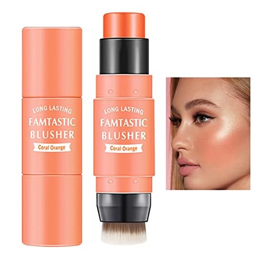 Cream Blush Stick with Brush,Waterproof Multi Cream Blush Stick Makeup,Lightweight,Long-lasting,Easy To Use,2 in 1 Multi Stick Blush for Cheeks & Lip Tint & Eyeshadow Makeup,Suitable for All Skin(#03 Coral Orange)
