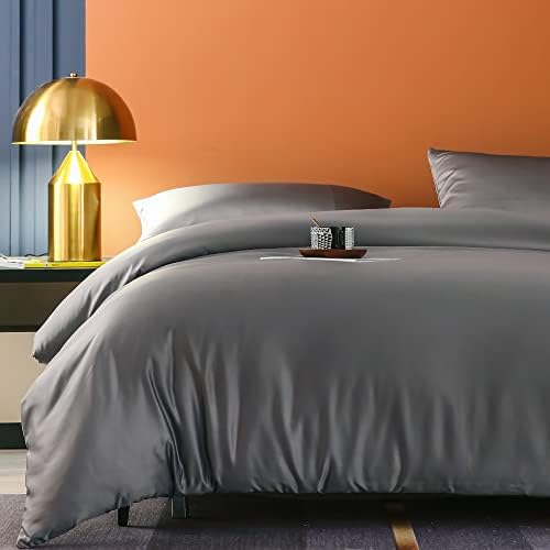 King Size Duvet Cover Set Silky Satin Grey-Silky-Like Microfiber Fabric-Includes 1*Duvet Cover King Size (230 x 220cm) and 2*Pillowcases (50 x 70cm)-Super Soft and Fresh Feeling With Zipper Closure