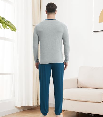 Image of NACHILA Mens Pajamas Set Long Sleeve Henley Sleepwear Top Soft Jogger Pants Pajamas Cool Pjs Set,Viscose Made from Bamboo