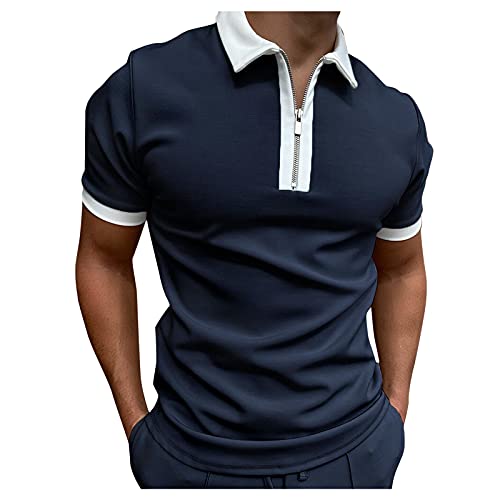 FengGa Polo Shirts for Men Short Sleeve Zipper Turn Down Collar Blouse Casual Fashion Splice Print Comfortable Shirts Dark Blue