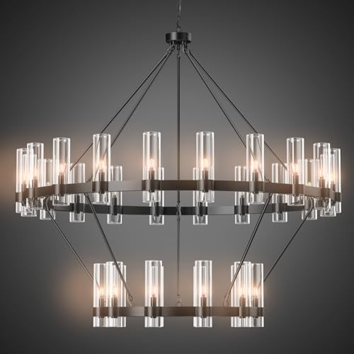 LumaVibe Large Black Chandelier, 30 Light Wagon Wheel Chandelier with Glass Shade,60 Inch Round Industrial High Ceilings Pendant Lighting Fixture for Dining Living Room, Kitchen Island, Foyer